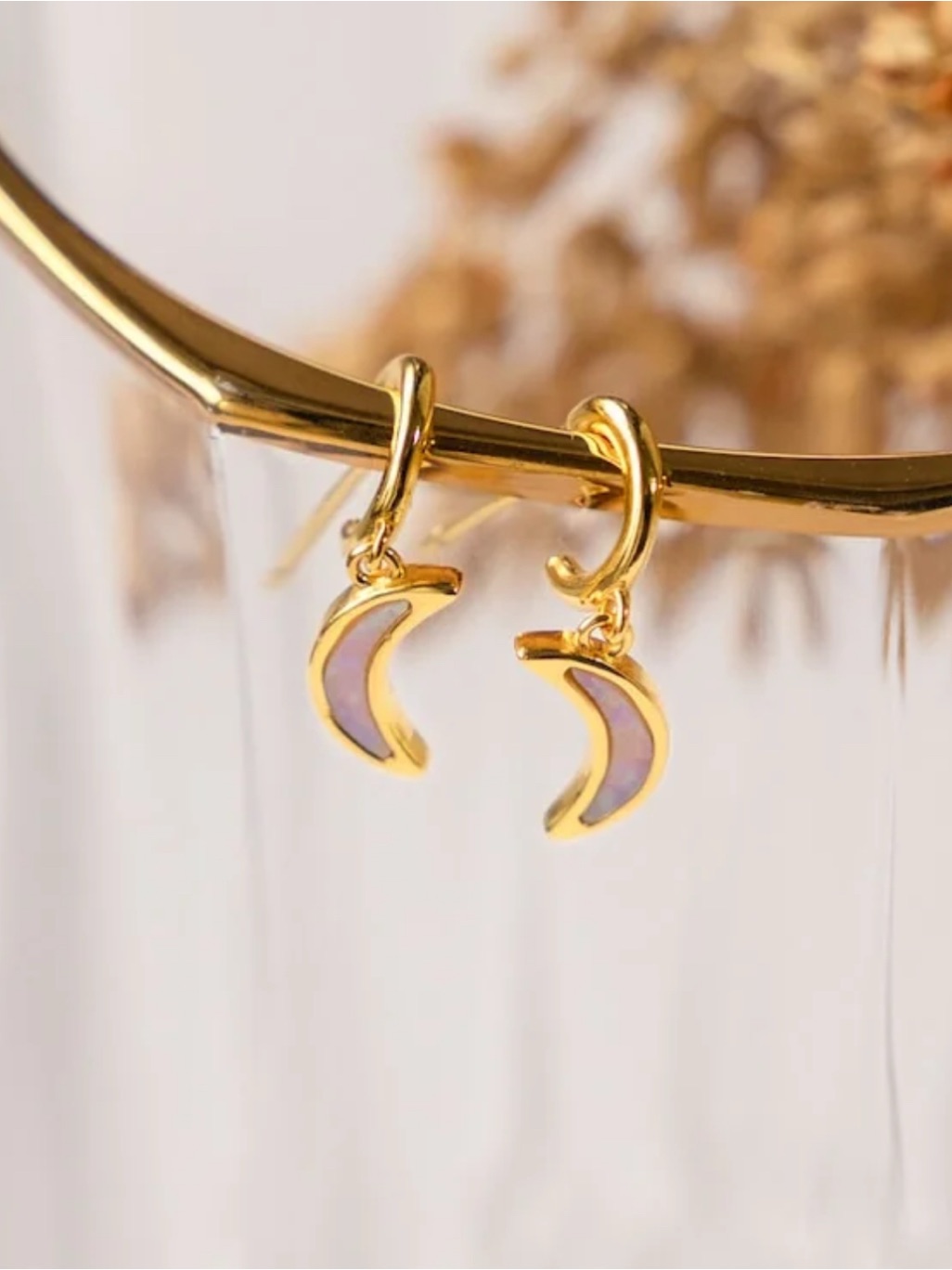 Nib! 18k Gold Crescent Moon Opal Drop Huggie Earrings - Women Jewelry — image 2 of 4